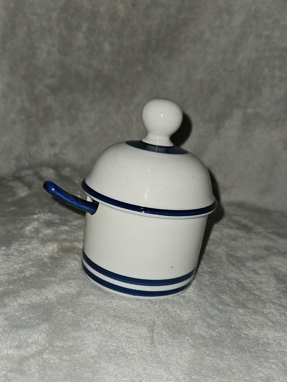 Dansk White Ceramic Sugar Jar with Navy Blue Trim and Spoon